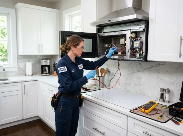 Appliance Repair Hero technician testing an over-the-range microwave in a Beaverton, OR kitchen